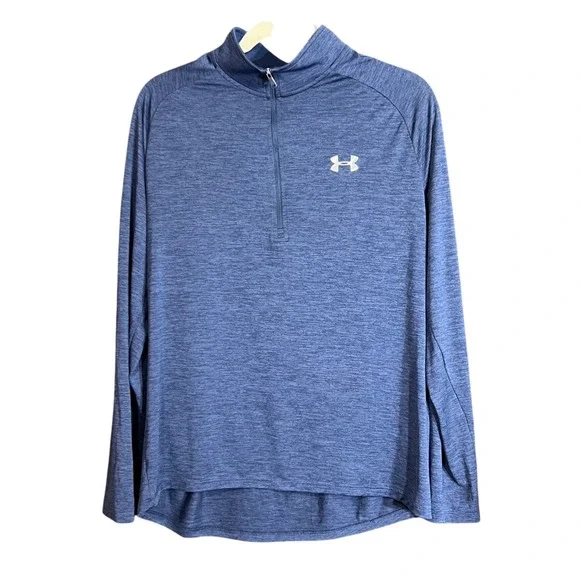 Under Armour Mens Size Large 1/2 Zip Blue Heather HeatGear Pullover Tech 2.0 - Picture 2 of 14